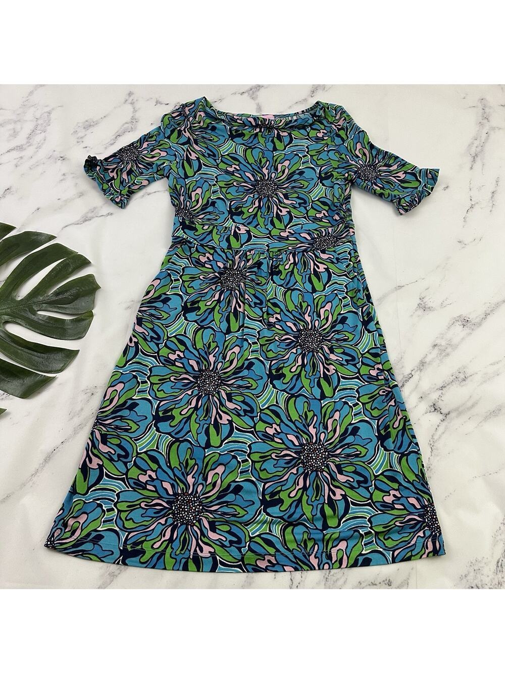Lilly Pulitzer Womens Sheath Dress Size M Blue Green Floral Silk Blend Pockets